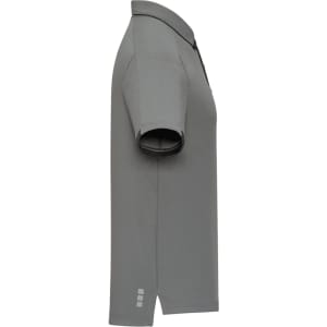 A grey men's performance polo shirt with short sleeves and a subtle logo detail.