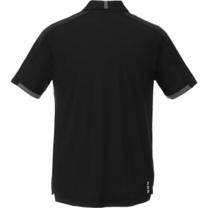A black short sleeve performance polo shirt with contrasting grey accents and a logo on the back.