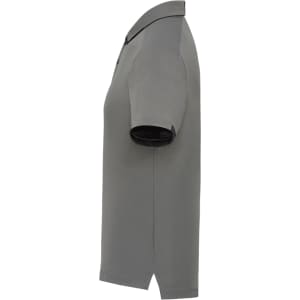 A grey men's short sleeve performance polo with a collar and a logo on the side.