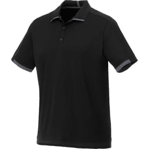 A black short sleeve performance polo shirt with contrasting trim and a logo on the chest area.