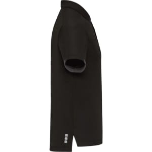 A black men's short sleeve performance polo shirt featuring a collar and a logo on the side.