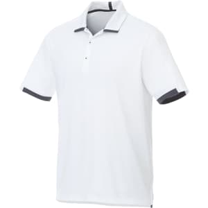 A white performance polo shirt with short sleeves and dark grey accents, featuring a small logo on the chest.