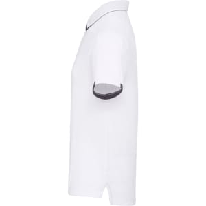 A white men's performance polo shirt with a contrasting collar and cuffs, featuring a logo.
