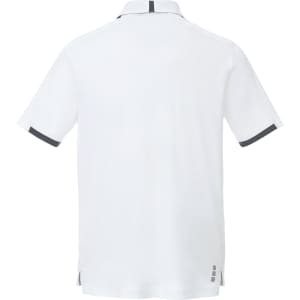 A white short sleeve polo shirt with black trim and a logo on the back.