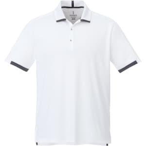 A white short sleeve polo shirt featuring dark accents and a branded logo on the chest.
