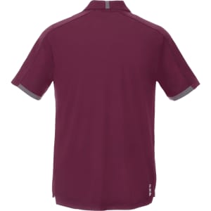 A maroon short sleeve polo shirt featuring a logo and grey accents on the collar and sleeves.