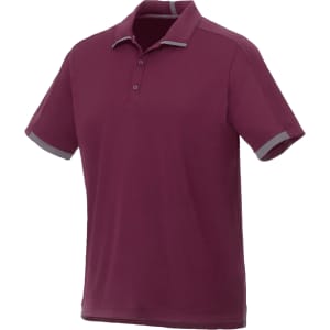 A burgundy short sleeve performance polo shirt featuring a contrasting collar and cuffs, with a logo on the chest.