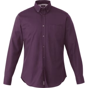 A purple button-up shirt with a collar and a pocket on the left side. It has a logo on the chest area.
