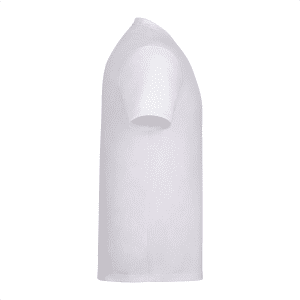 A white short sleeve T-shirt for men with a simple design and a logo on the side.