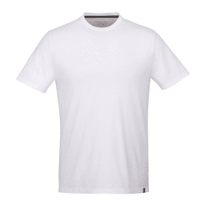 A white short sleeve T-shirt for men featuring a logo on the hem. Casual and versatile design.