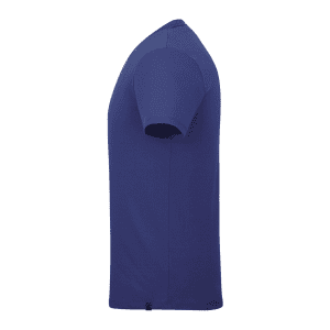 A blue men's short sleeve tee with a plain design and a logo on the front.