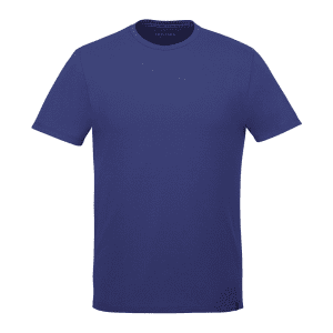 A blue short sleeve tee for men, featuring a crew neck and a simple design with a logo.