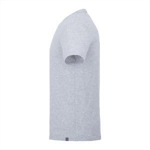 A grey short sleeve men's t-shirt with a logo, displayed from the side.