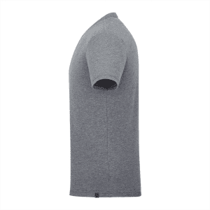 A grey short sleeve men's t-shirt with a fitted design and a logo on the side seam.