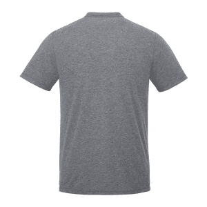 A grey short sleeve tee featuring a simple design and a logo on the back.