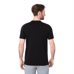 A black short sleeve men's t-shirt with a simple design and comfortable fit, featuring a logo on the back.