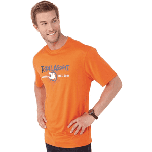 An orange short sleeve tech tee for men with a logo on the front.