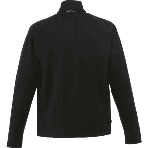 A black men's jacket with a high collar and a sleek, minimalistic design. It features a logo on the back.