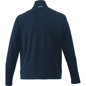 A navy Okapi knit jacket for men, featuring a high collar and long sleeves. Includes a logo on the back.