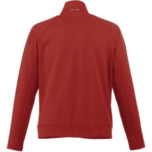 A red men's knit jacket with a high collar and long sleeves, featuring a logo on the back.