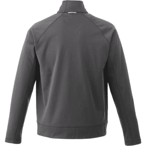 A men's knit jacket in dark grey, featuring a high collar and a logo on the back.