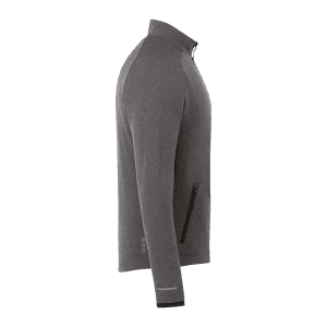 A grey men's jacket featuring a zip front, high collar, and a logo, with side pockets for storage.