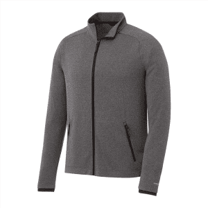 A grey men's jacket with a zip front, zippered pockets, and a subtle textured pattern. It has a logo.