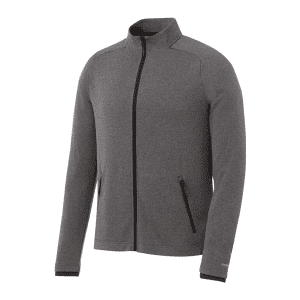 A grey knit jacket featuring a zip front and side pockets, with a logo on it.