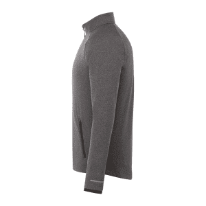 A grey eco-friendly knit jacket for men featuring a zip collar and side pockets. It has a simple logo on it.