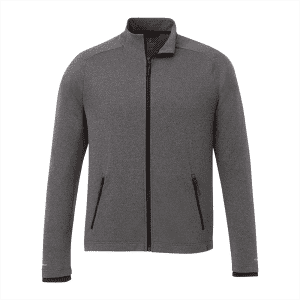 A men's grey eco knit jacket with a zip front and zippered pockets, featuring a logo on the sleeve.