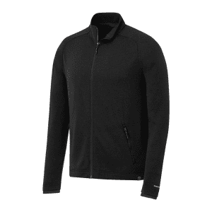 A black eco knit jacket with a zip front, featuring a logo and side pockets. Suitable for men.