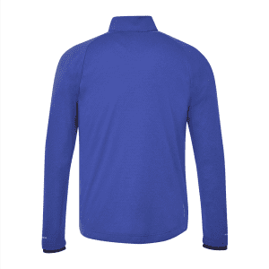 A blue men's jacket with a high collar and long sleeves, featuring a logo on the back.