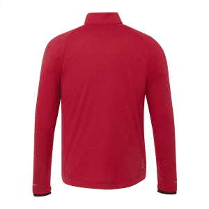 A red jacket with long sleeves and a collar, featuring a logo on the back.