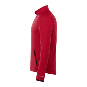 A red men's jacket with a zip and side pocket, featuring a subtle texture and black accents.