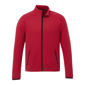 A red eco-knit jacket with a zip front, featuring two side pockets and a branding logo.