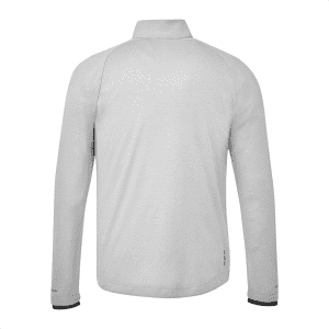 A light grey men's jacket with a collar and long sleeves, featuring a logo on one sleeve.