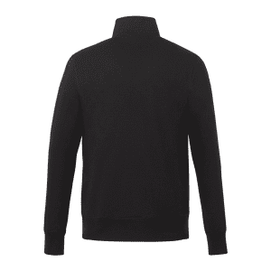 A black full zip fleece jacket for men, featuring long sleeves and a high collar, with a logo on the back.
