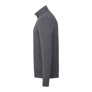 A men's full zip fleece jacket in a dark grey colour with a logo. Side view displays the jacket's structure.