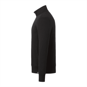 A black men's full zip fleece jacket featuring a high collar and side pockets, with a branding logo.