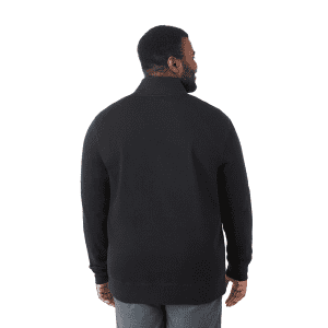 A black eco fleece full zip jacket for men, featuring a simple design and a logo on the back.