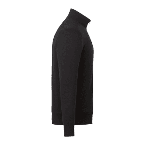 A men's full zip fleece jacket in black, featuring a high collar and long sleeves. It has a logo on the fabric.