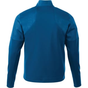 A blue men's performance jacket with thumb holes and a textured back, featuring a logo.