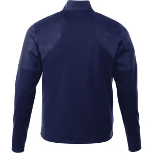 A navy blue men's performance jacket featuring a full zip and thumb holes, with a textured design and branding.
