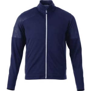 A navy performance jacket with a full zip and thumb holes, featuring a subtle textured design and a logo.