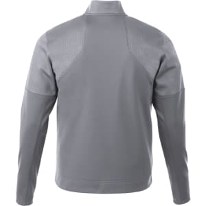 A grey full zip performance jacket featuring knit texture and thumb holes, complete with a logo.