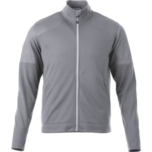 A grey full zip performance jacket with thumb holes, featuring a logo and textured detailing.