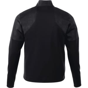 A black men's performance jacket featuring a full zip and thumb holes, with textured detailing on the sleeves.