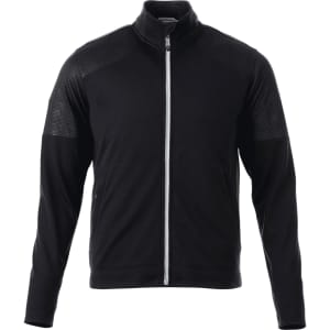 A black full zip performance jacket with thumbholes, featuring textured detailing and a logo.