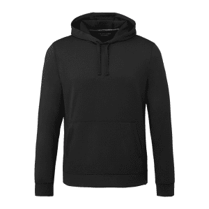 A black eco knit hoodie featuring a front pocket and an adjustable drawstring hood. It includes a logo.