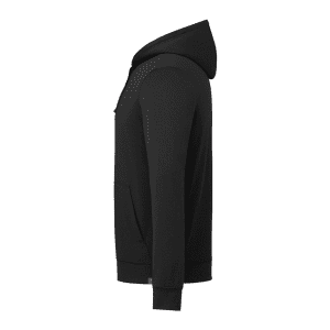 A black men's Lavar Eco Knit hoody with a kangaroo pocket and a hood, featuring a logo on the front.